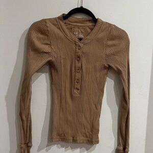 Aerie Brown Ribbed Long Sleeve Henley stretchy Vintage Top Sz XS Y2K